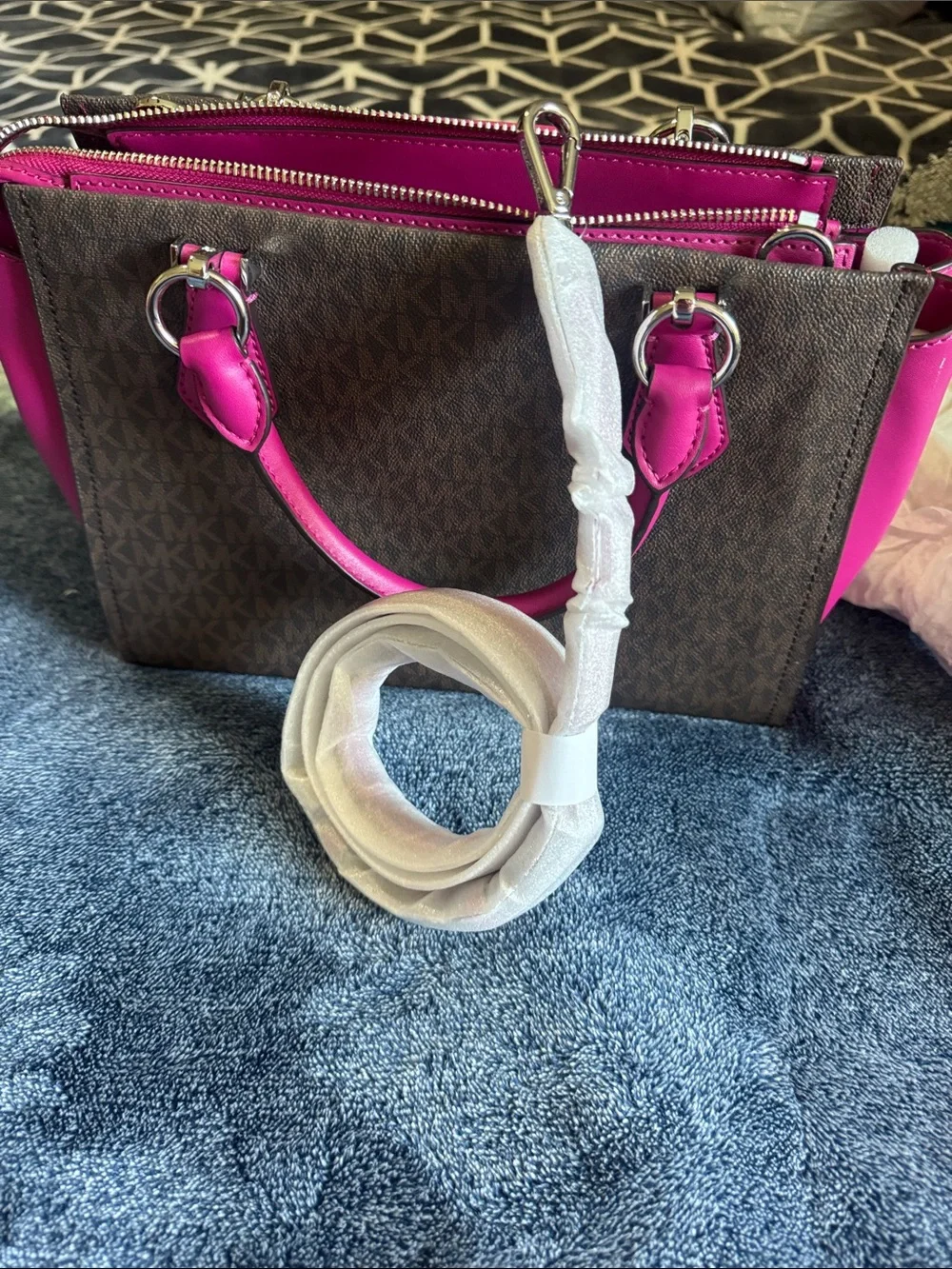 Michael Kors Brown & Hot Pink Signature Stripe Satchel - Picture 4 of 8